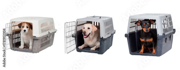 Fototapeta Calm dogs resting, Peaceful canines inside open cages, Animals at ease in exposed enclosures on transparent background