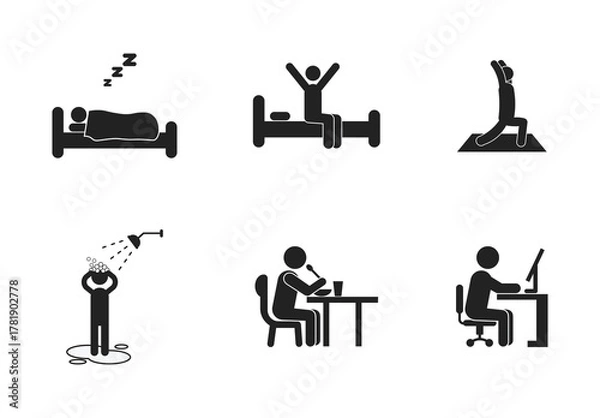 Fototapeta Bundle of isolated illustrations of Daily Activities in the morning Stick Figures starting from sleeping, waking up, stretching, taking a shower, having breakfast, to working.