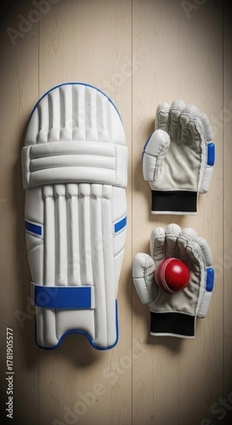 Fototapeta Top Down View of Cricket Pads Gloves and Ball on a Polished Wooden Surface