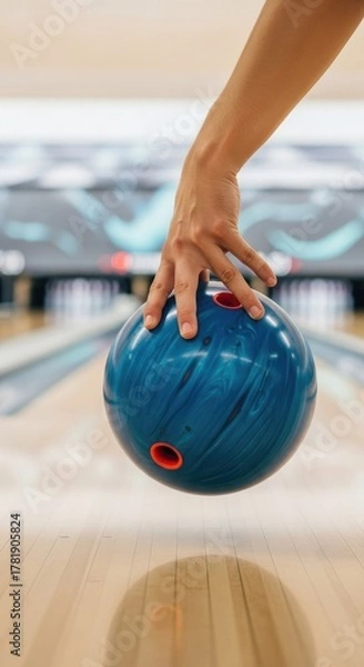 Fototapeta Bowler's Hand Gripping Blue Bowling Ball Preparing to Release Down Lane at Alley with Reflected Light