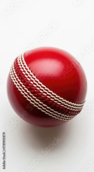 Fototapeta Classic Red Cricket Ball with Visible Seam Detail Resting on Reflective White Studio Surface Close Up