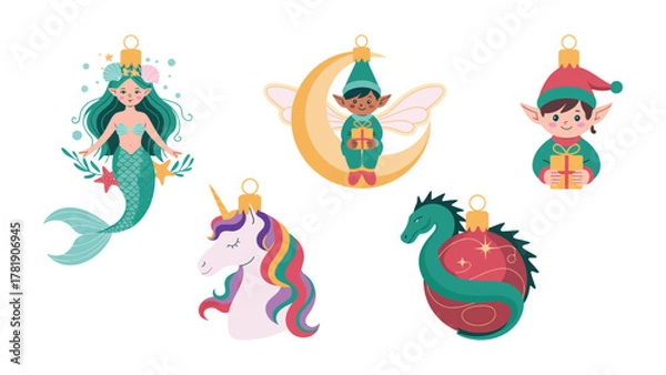 Fototapeta Magical Ornaments: A charming collection of fantastical ornaments including a mermaid, elf, fairy, unicorn and dragon, with vibrant colors and intricate details.