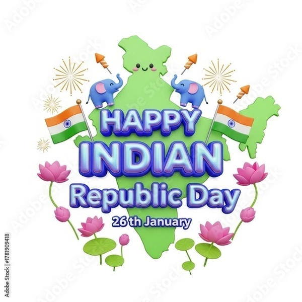 Obraz Happy Indian Republic Day 3D Illustration - India Map, Flags, Elephants, Lotuses