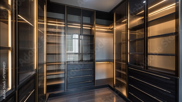 Obraz モダンでラグジュアリーなウォークインクローゼット：ガラス扉と間接照明