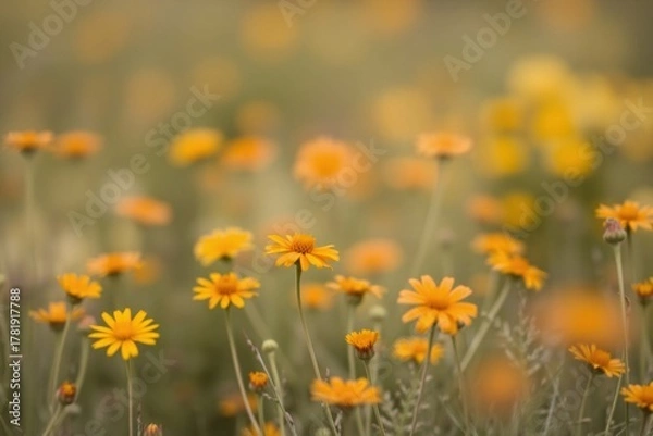 Fototapeta Soft Focus Field of Orange and Yellow Wildflowers, Minimalist Blurred Texture