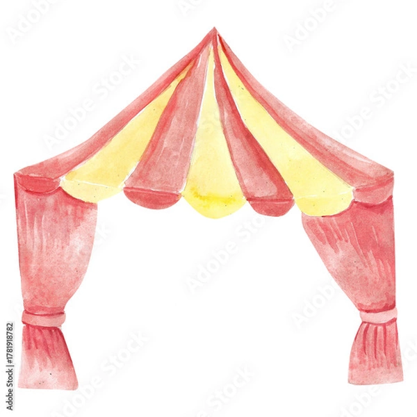 Fototapeta Watercolor circus tent illustration isolated. Tent with red and yellow colors can used for circus party, baby shower.