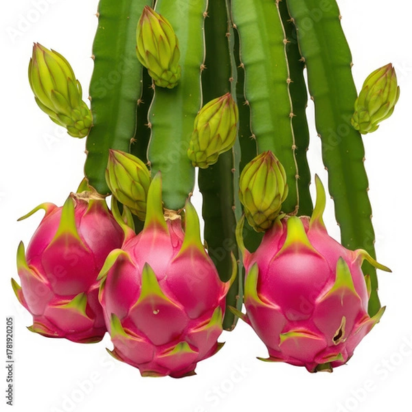 Fototapeta Dragon fruits with green stems isolated on transparent background are displayed