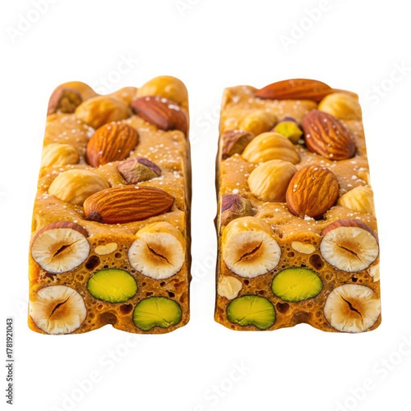 Fototapeta Two nougat bars with nuts isolated on transparent background are displayed