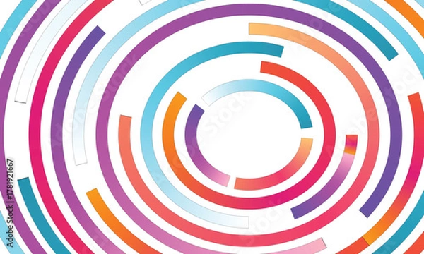Obraz Vibrant abstract background featuring concentric circular arcs in gradient colors of pink, blue, orange, and purple on a white backdrop. 