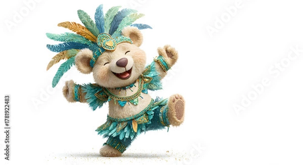 Fototapeta A cute dancing teddy bear wearing a detailed, vibrant carnival costume with blue and gold feathers and expressive joy