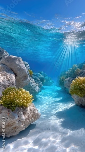 Fototapeta Sun Rays Penetrating Crystal Clear Blue Underwater Ocean With Sandy Seabed And Colorful Corals And Rocky Formations