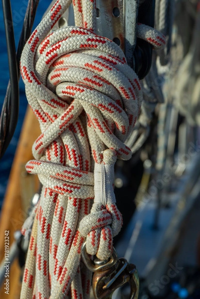 Obraz White and red braid-on-braid outhaul lines tied securely, their strength and precision reflecting safety and control at sea