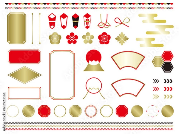 Obraz 年賀状や正月のデザインに使える装飾のベクターグラフィック要素のコレクション。日本的なフレーム、ラベル、ボーダー、区切り線。