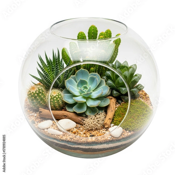 Fototapeta Succulent terrarium in glass bowl isolated on transparent background for decoration