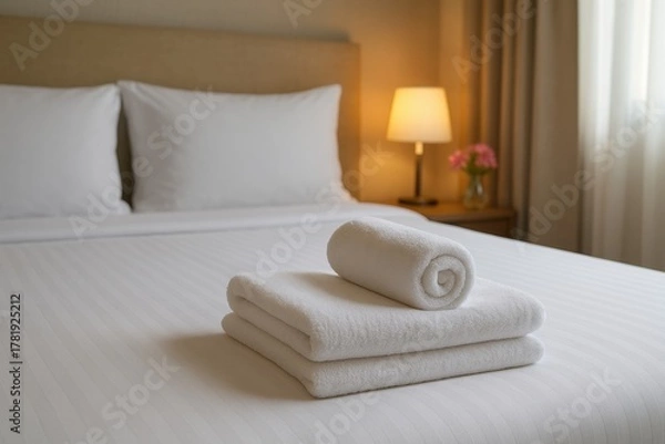 Fototapeta A neatly made hotel bed with folded white towels, soft lighting, and a bedside lamp creating a calm and inviting atmosphere in a modern, elegant room.