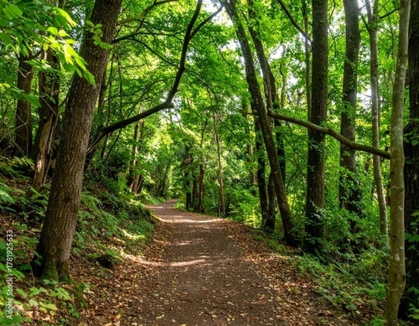 Fototapeta Natural forest path surrounded by dense trees and foliage creating serene green scenery
