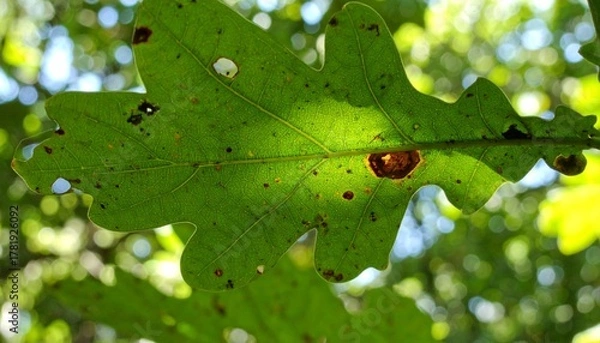 Obraz Oak leaf with round insect gall on underside in dappled summer forest light