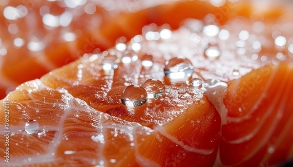 Fototapeta Extreme macro close-up of raw salmon fillet texture with large, glistening water droplets.