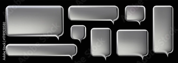 Obraz silver speach bubble3d y2k Chrome Speech Bubble set. Realistic vector illustration design. Balloon 3D style of thinking sign symbol. Metal, luxury, glossy, shiny, chat, dialogue, shape template.