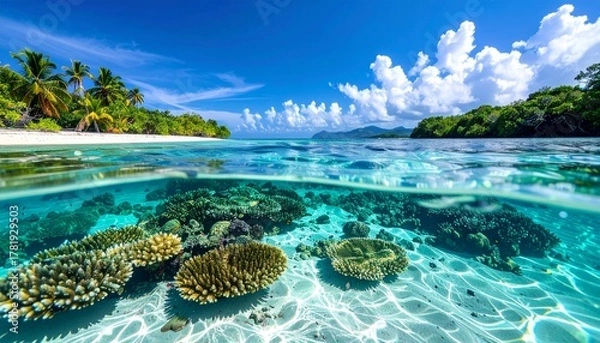 Obraz Shallow tropical lagoon with coral sand bottom showing pristine natural environment