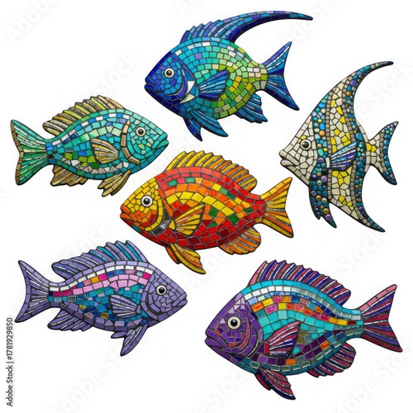 Fototapeta Colorful mosaic fish wall art decor isolated on transparent background