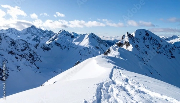 Obraz Snow covered mountain ridge showing cold natural environment and wilderness terrain