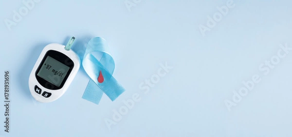 Fototapeta Glucometer on light blue background, crossed awareness ribbon, diabetes background, medical poster design, global awareness campaign. World Diabetes Day background with copy space.