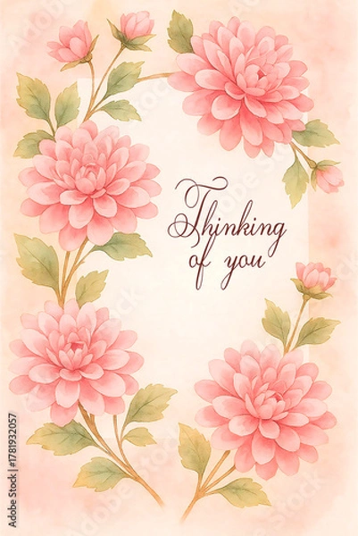 Obraz Thinking of you - card.  Frame of pink asters. Watercolor style.