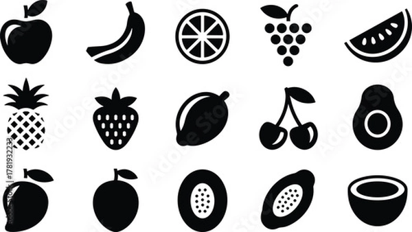 Obraz Fruit Silhouette Icon Set – Vector Symbols of Fresh Produce for Food, Nutrition, and Organic Design
