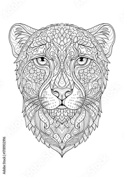 Fototapeta Intricate Zentangle-style cheetah head line art for adult coloring, featuring detailed patterns and symmetrical design.