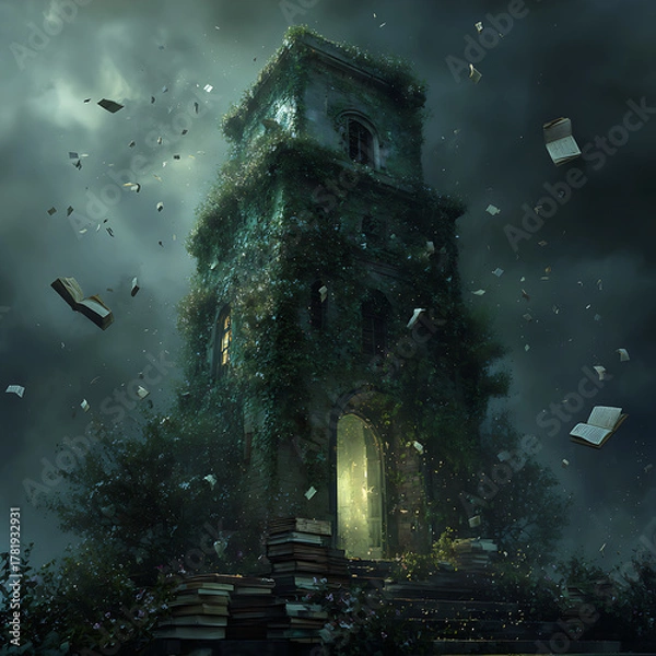 Fototapeta Enchanted library tower illuminated with warm light in the dark