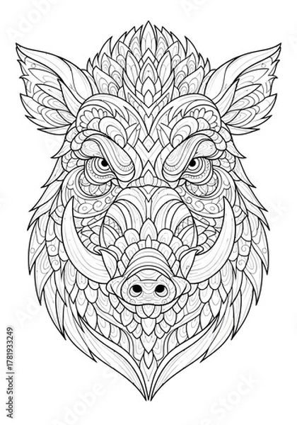 Fototapeta Intricate Zentangle-style illustration of a wild boar's head with detailed patterns and textures.