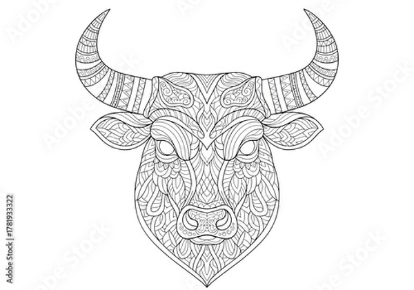 Obraz Intricate black and white illustration of a bull's head, featuring detailed patterns.
