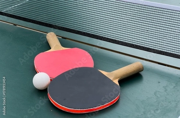 Fototapeta Two ping pong rackets and ball on table
