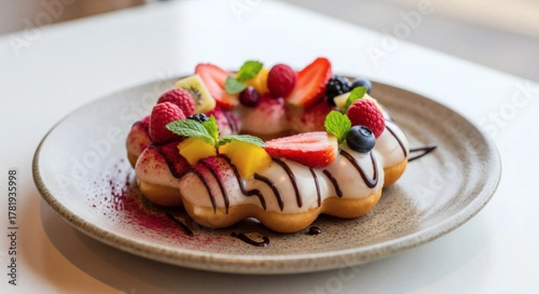 Obraz Gourmet Mochi Donut Topped with White Glaze, Chocolate Drizzle, and an Array of Fresh Mixed Berries, Served on a Textured Plate