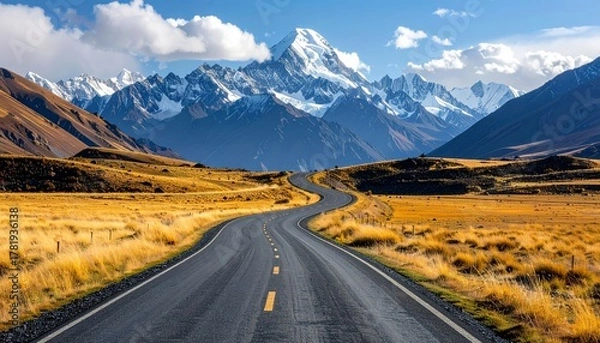 Fototapeta Scenic highway winding through the empty summer mountains landscape under a vast blue sky