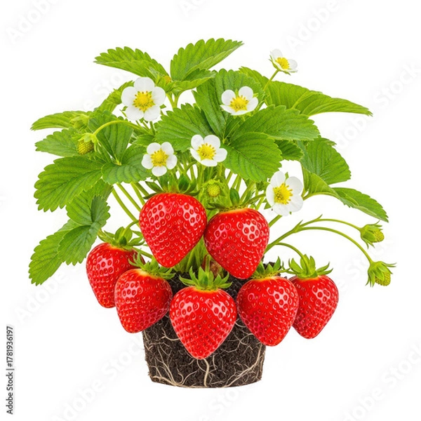Fototapeta Fresh strawberry plant with ripe fruits isolated on transparent background, healthy food