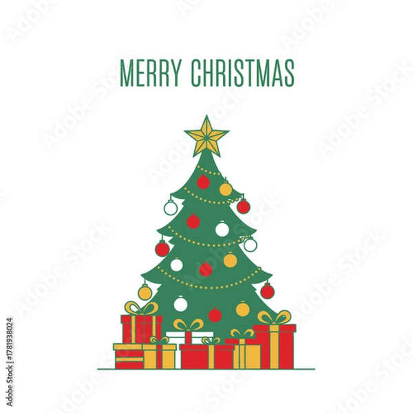 Fototapeta Cute Merry Christmas text with smiling Christmas tree, red and white decorations, golden star on top, simple cartoon outline, easy to trace, white background