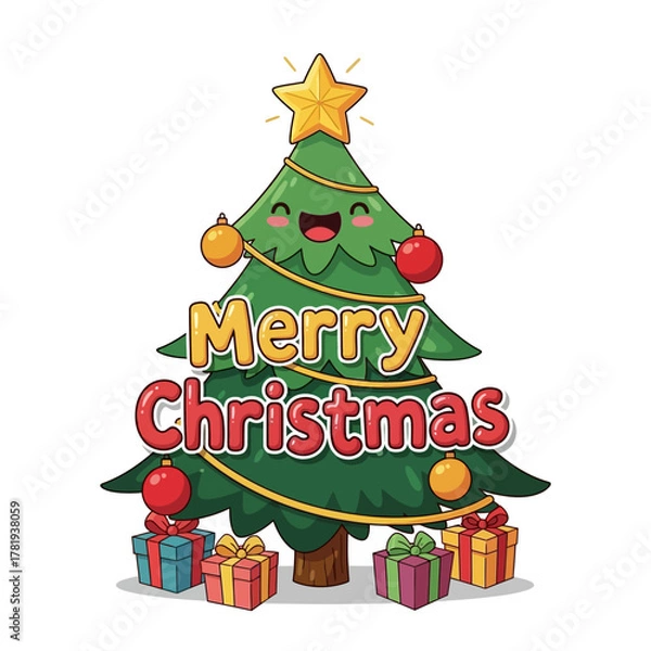 Fototapeta Happy cartoon Christmas tree with gold star and red ornaments, Merry Christmas lettering in playful font, gift boxes around, easy tracing design