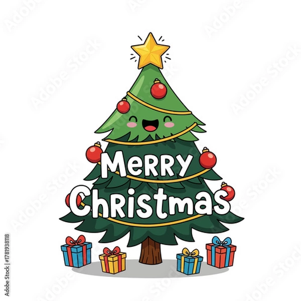 Fototapeta Happy cartoon Christmas tree with gold star and red ornaments, Merry Christmas lettering in playful font, gift boxes around, easy tracing design