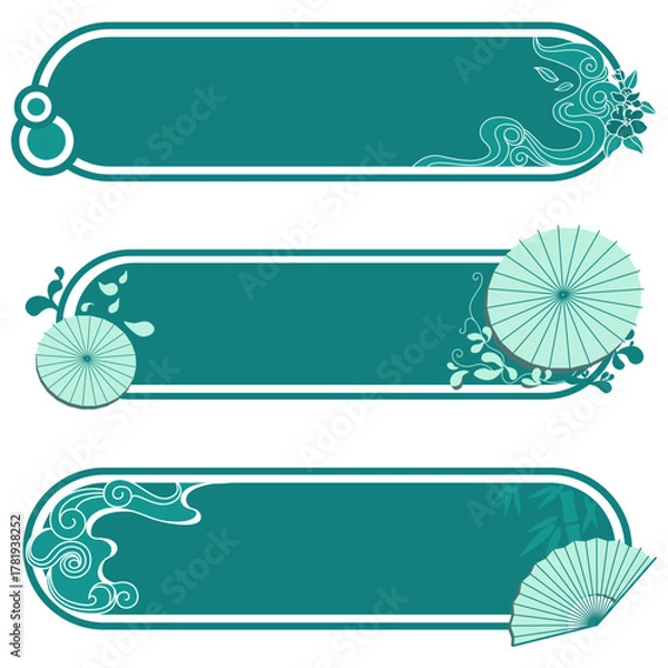 Fototapeta Beautiful oriental decorative label set with parasol and fan illustrations, elegant Asian style banner frames for product packaging, menu templates and cultural themed design