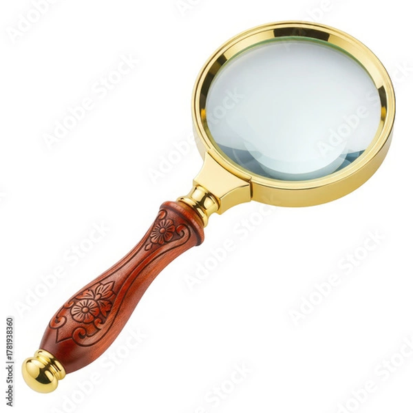 Fototapeta Magnifying glass with wooden handle isolated on transparent background shines bright