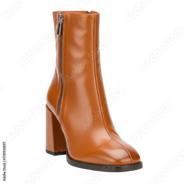 Fototapeta Elegant brown leather ankle boot with zipper isolated on transparent background