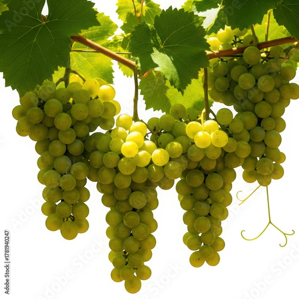 Fototapeta Fresh green grapes isolated on transparent background, hanging from the vine