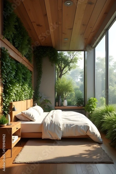 Obraz AI Generative. Luxury Biophilic Bedroom Interior with Panoramic Nature View and Wood Accents. 1