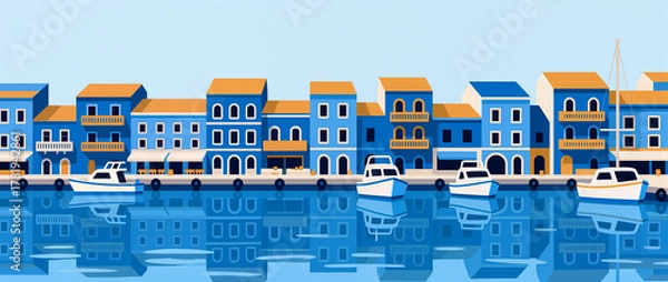 Fototapeta Charming harbor view with colorful buildings and boats on a calm day