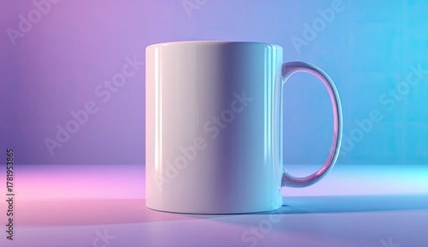 Fototapeta Plain white ceramic mug with handle, illuminated by vibrant pink and blue neon light