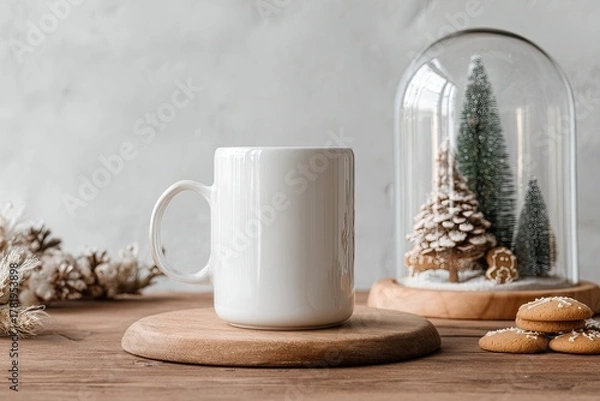 Fototapeta White mug on wooden board, festive cloche, frosted branches, and cookies