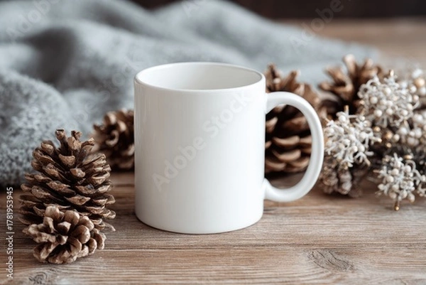 Fototapeta Plain white mug surrounded by pinecones and a cozy blanket on a wooden table