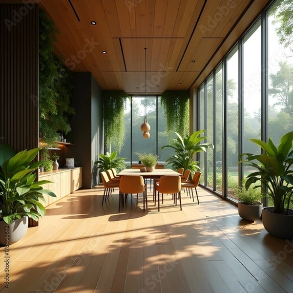 Fototapeta AI Generative. Luxurious Dining and Living Area with Biophilic Design and Forest View. 8